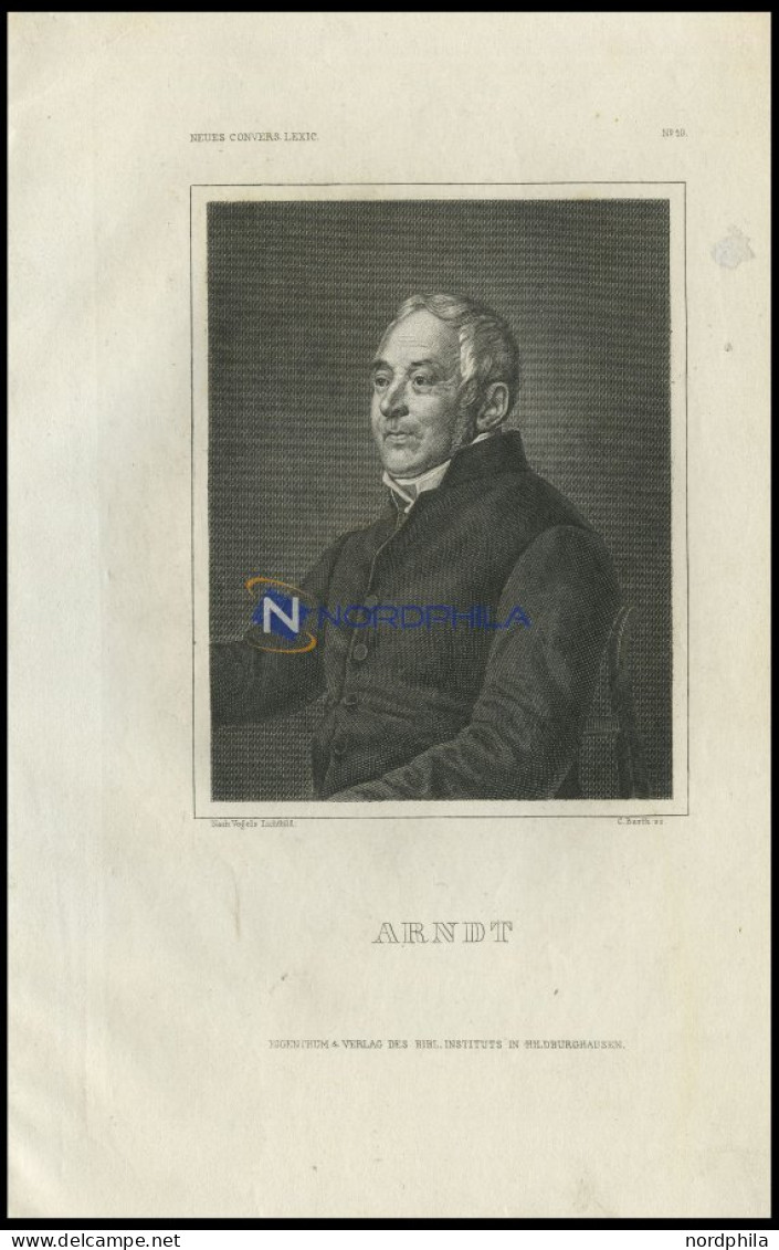 Ernst Moritz Arndt, Deutscher Schriftsteller, Stahlstich Von B.I. Um 1840 - Lithographien