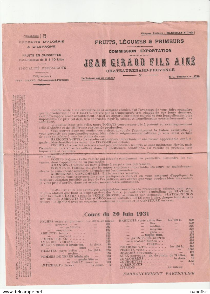 13-J.Girard ...Fruits-Légumes Primeurs, Produits D'Algérie & D'Espagne...Châteaurenard.(Bouches-du-Rhône)...1931 - Alimentaire