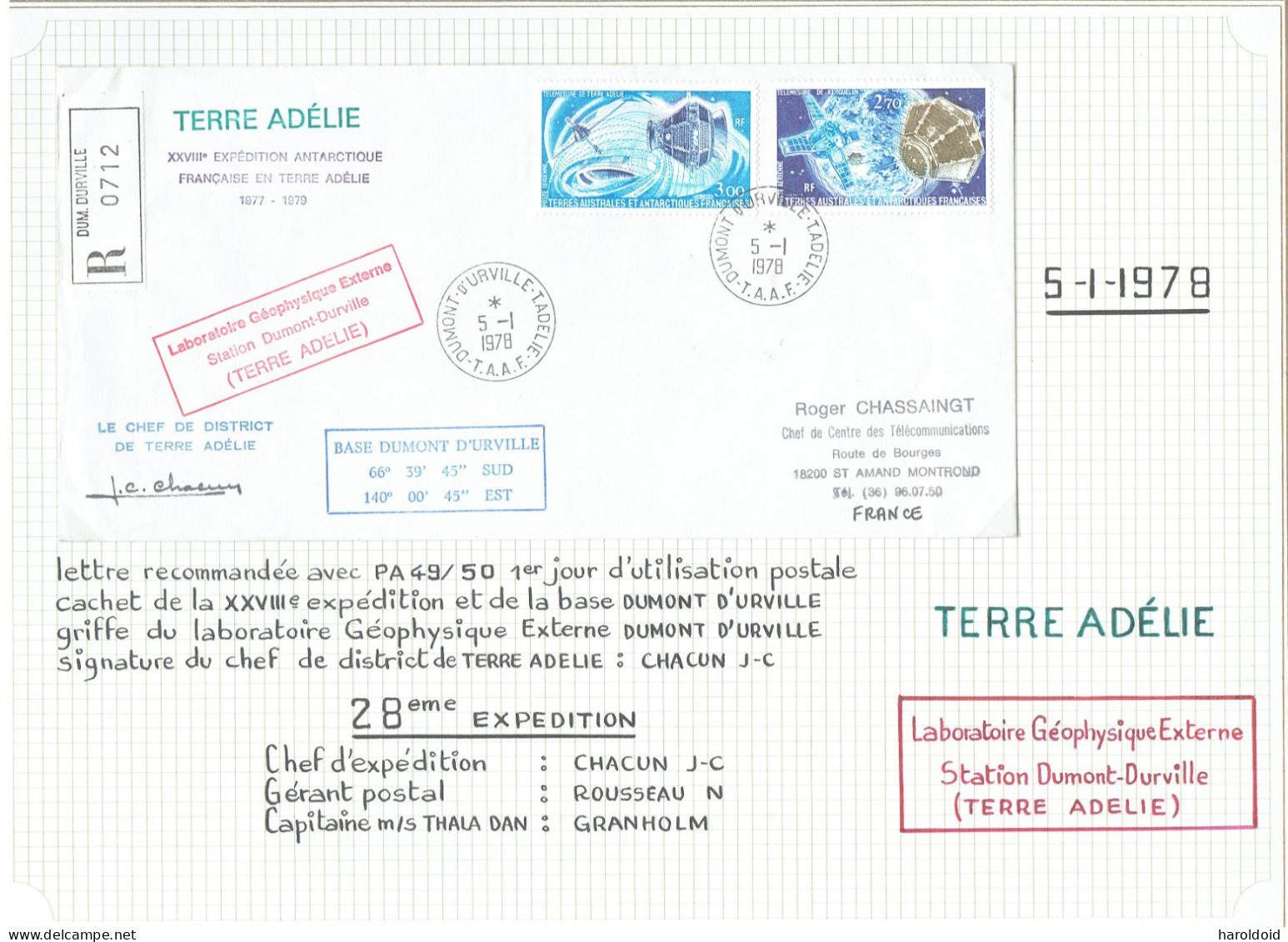 28e Expé Terre Adélie - LR Dumont D'Urville 1er Jour D'utilisation Des PA 49/50 Griffe Laboratoire Géophysique Externe - Cartas & Documentos