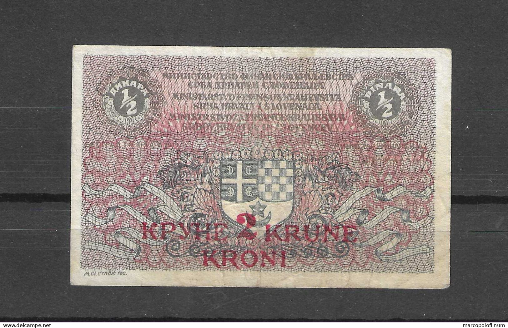 1919 - JUGOSLAVIA  - 2 KRUNE  -KRONI ON 1/2 DINARA  - BB - SPL- - Yugoslavia