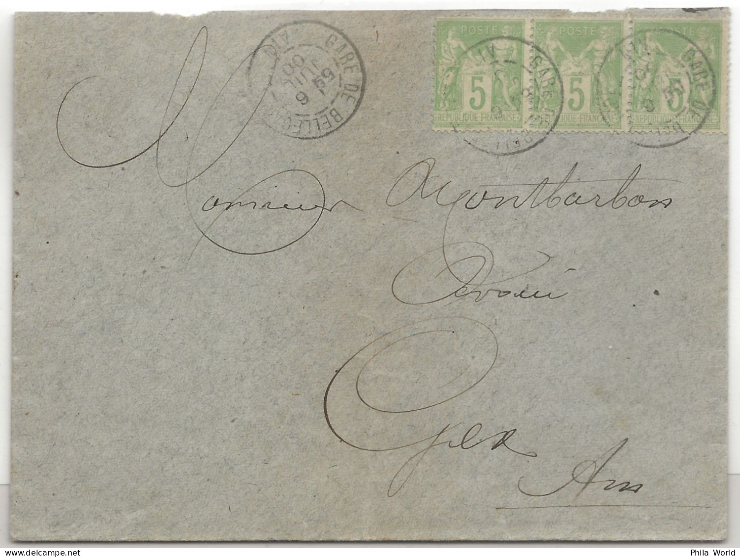 FRANCE LSC Type SAGE Type I N Sous B 1900 3 X 5c Vert Sur Lettre GARE De BELLEGARDE Ain Ambulant Convoyeur DIVONNE GEX - 1876-1878 Sage (Type I)