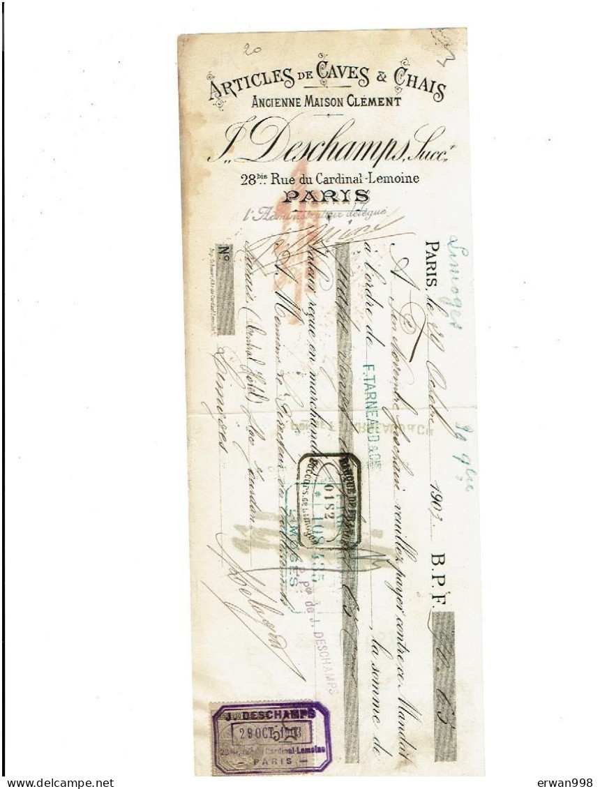 75 PARIS Ets Deschamps Articles De Chais Traite 29/10/1903 Avec Timbre Fiscal Thème Vin Et Alcools (1128) - Alimentos
