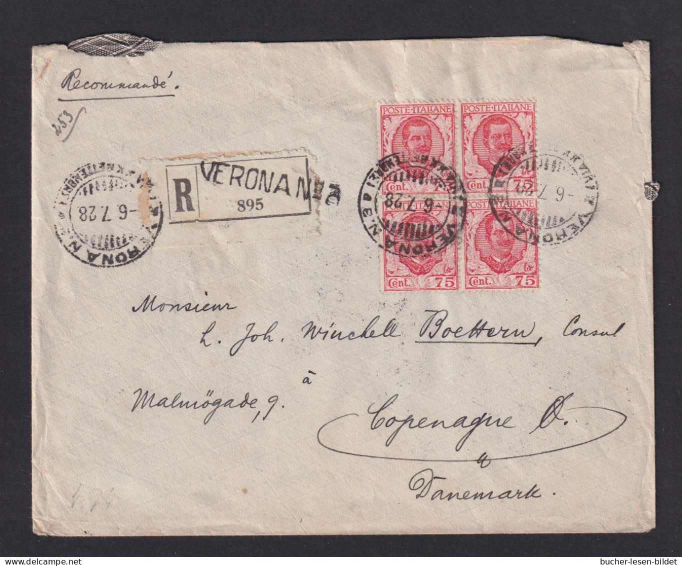 1928 - 75 C. 4er-Block Und 25 C. 4er-Block Auf Einschreibbrief Ab Verona Nach Dänemark - Entiers Postaux