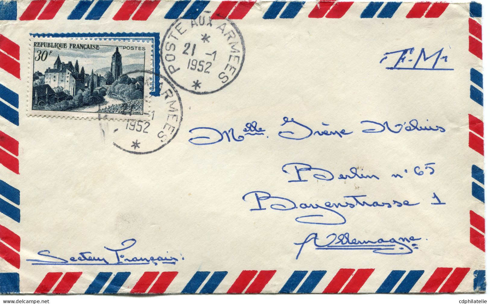 LETTRE PAR AVION FM DEPART POSTE AUX ARMEES 21-1-1952 (76259 INDOCHINE) POUR BERLIN ( SECTEUR D'OCCUPATION FRANCAISE ) - Lettres & Documents