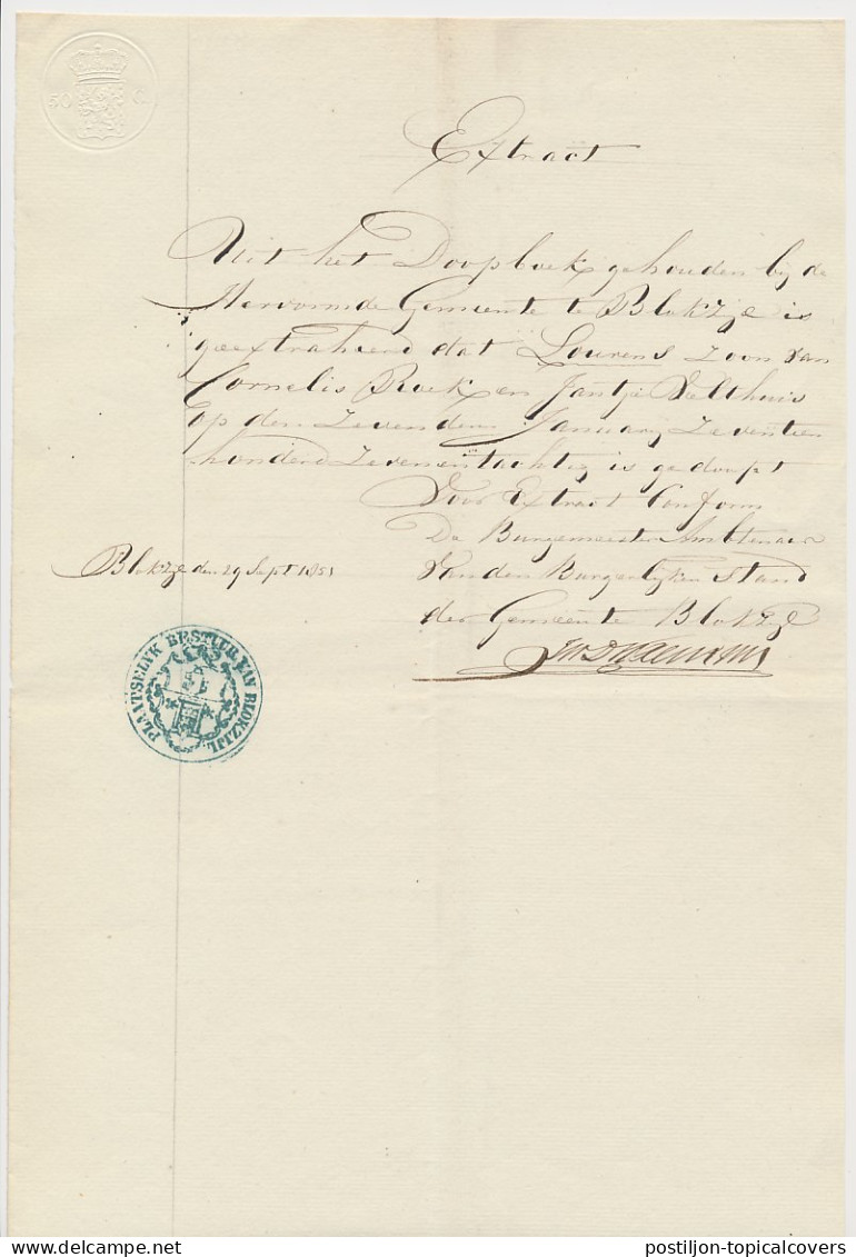 Fiscaal / Revenue - Droogstempel 50 C. - Blokzijl 1851 - Fiscales