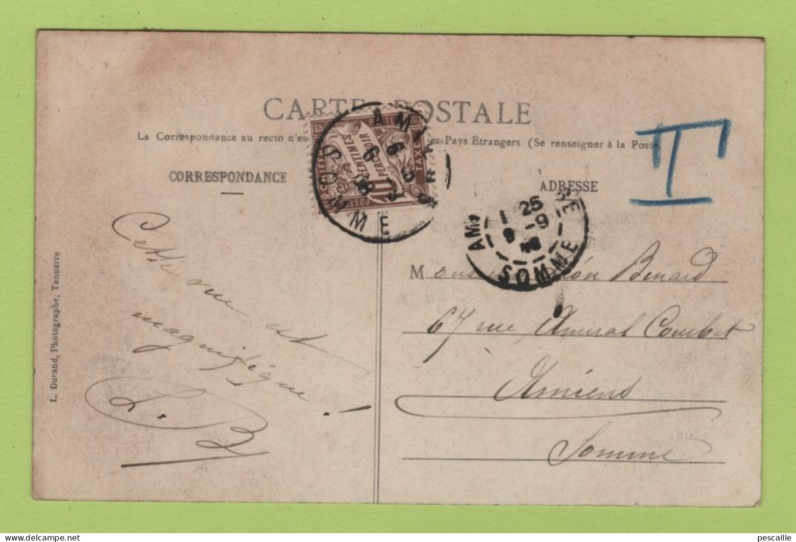 89 YONNE - CP CRUZY LE CHATEL - LA VALLEE DES PRES - G. PRIEUR - CIRCULEE EN 1908 TIMBRE TAXE - Cruzy Le Chatel