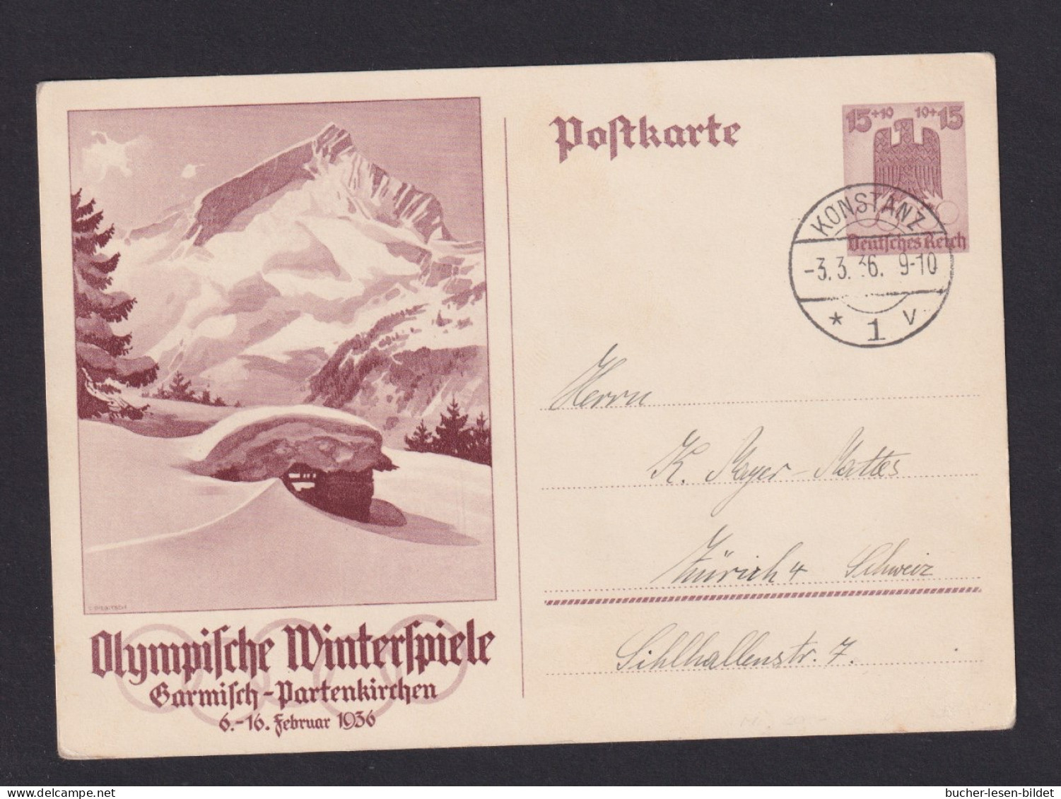 1936 - 15 Pf. Oly.-Ganzsache (P 256) Ab Konstanz Nach Zürich - Ohne Text - Zomer 1936: Berlijn