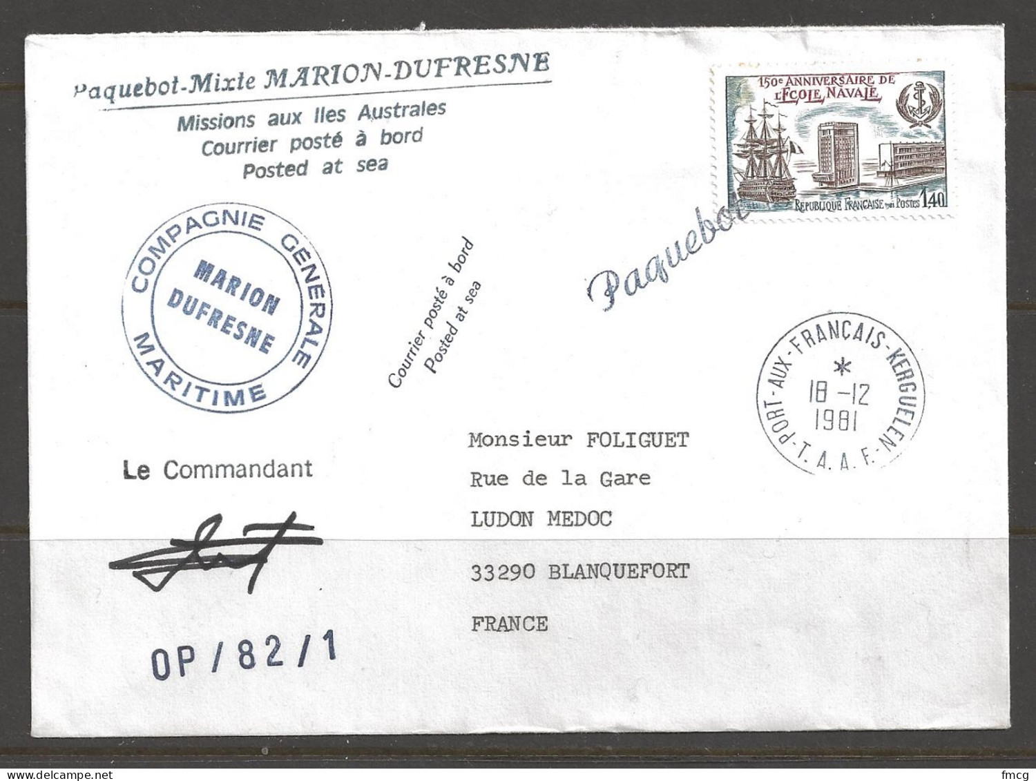 1981 Paquebot Cover, French Stamp, Port Aux Kerguelen T.A.A.F. Antarctica - Covers & Documents