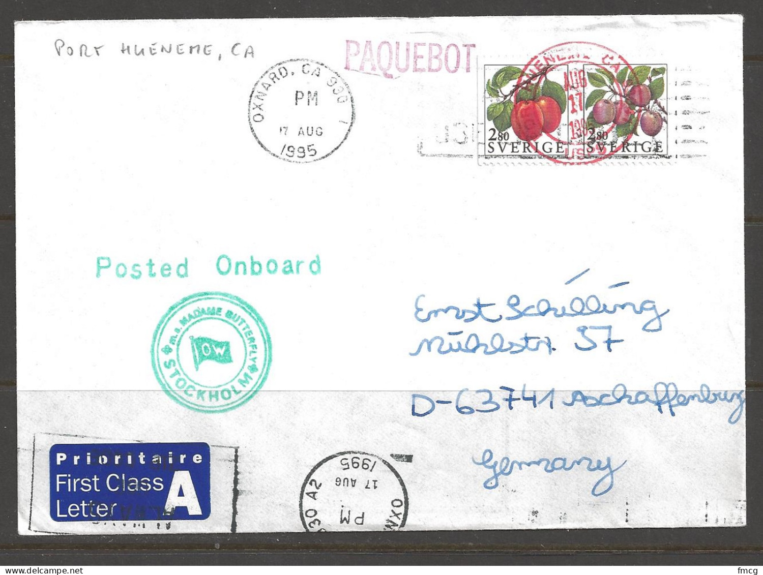 1995 Paquebot Cover, Sweden Stamps In Oxnard, California (17 Aug) - Storia Postale