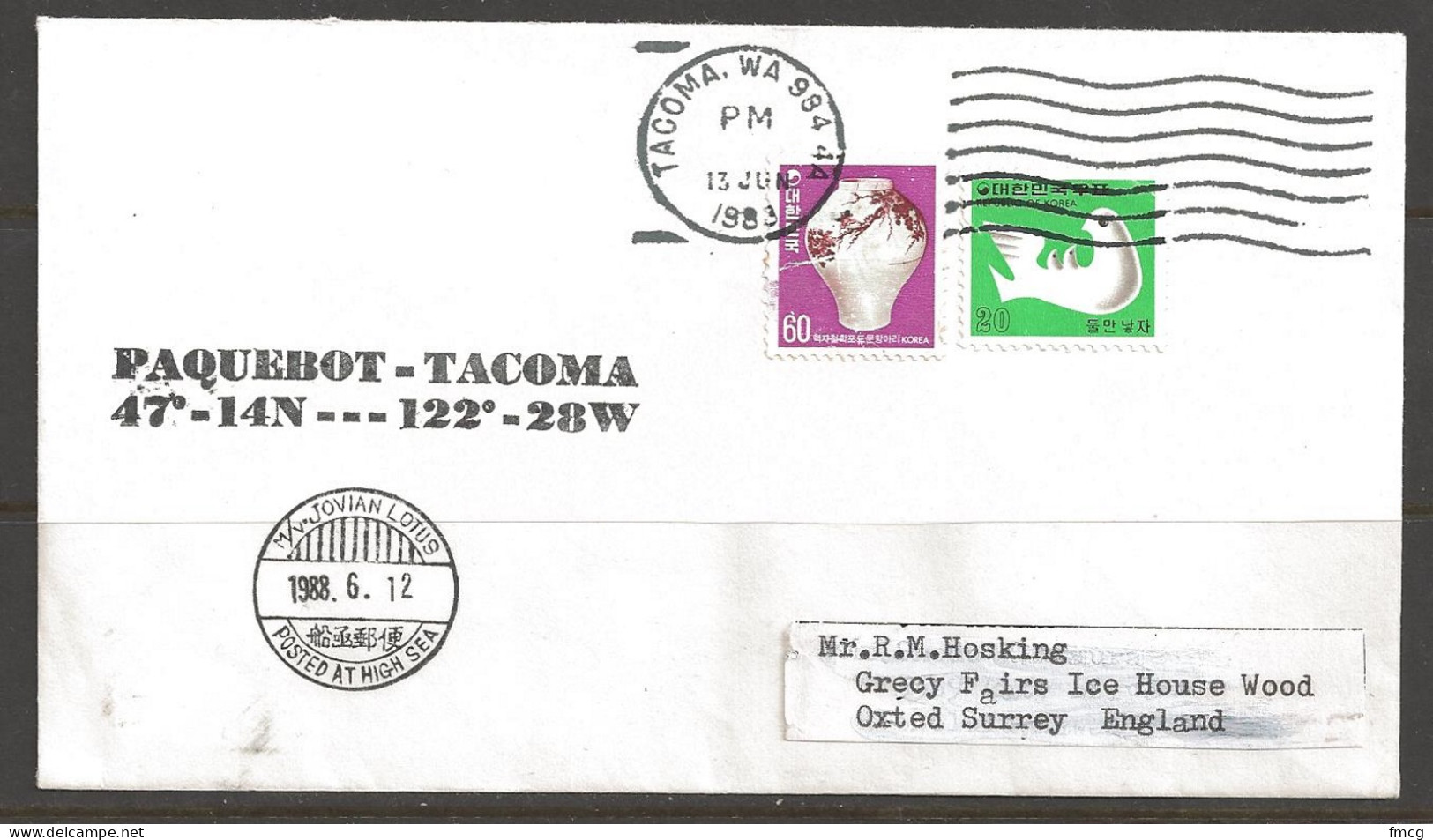 1983 Paquebot Cover, Korea Stamps Used In Tacoma, Washington - Lettres & Documents