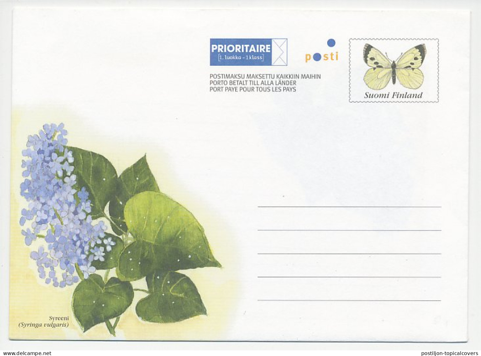 Postal Stationery Finland Butterfly - Flower - Lilac - Andere & Zonder Classificatie