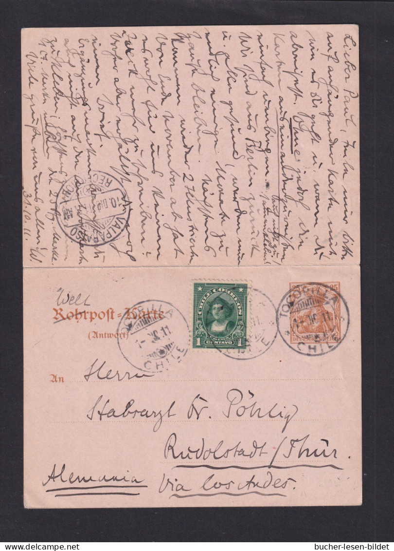 1911 - 25 Pf. DR-Doppel-Ganzsache Nach Tocopilla - ANTWORT Mit 1 C. Zufrankiert Und Zurück Gebraucht - Cile