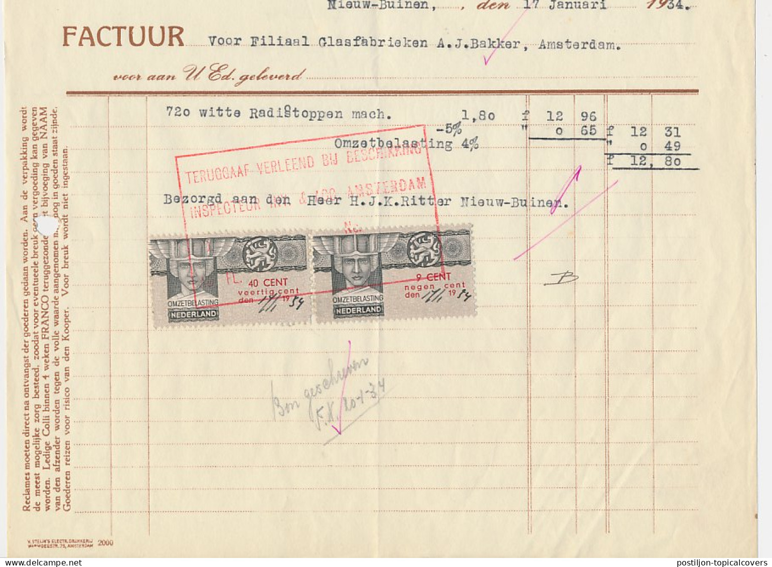 Omzetbelasting 9 CENT / 40 CENT - Nieuw Buinen 1934 - Fiscale Zegels