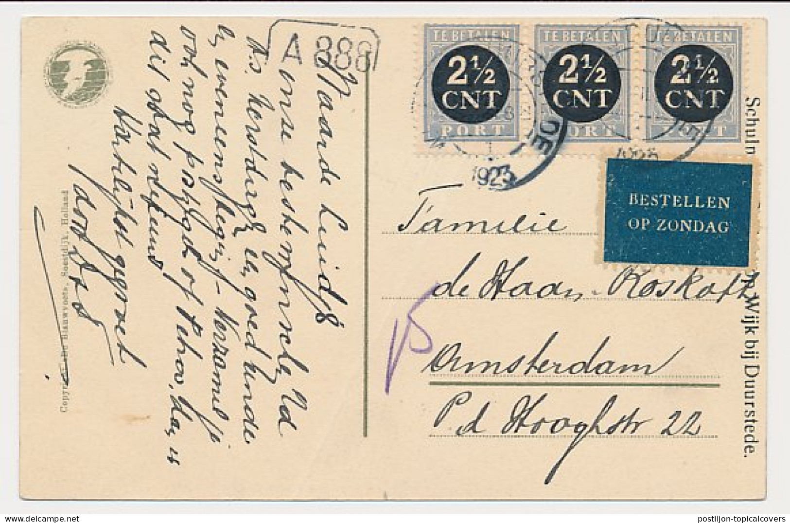 Bestellen Op Zondag - Wijk Bij Duurstede - Amsterdam 1923 - Port - Storia Postale