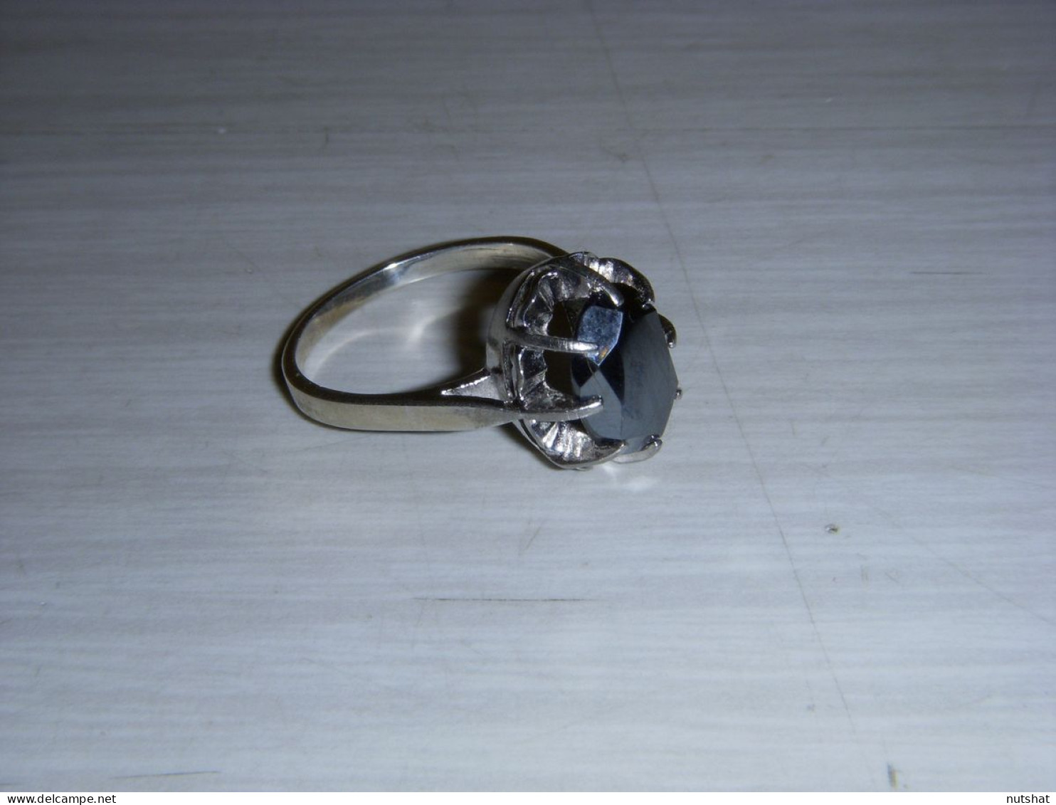 007 BAGUE ARGENT MASSIF PIERRE NATURELLE OVALE JAIS NOIR IRISE Taille 56 - Ringe