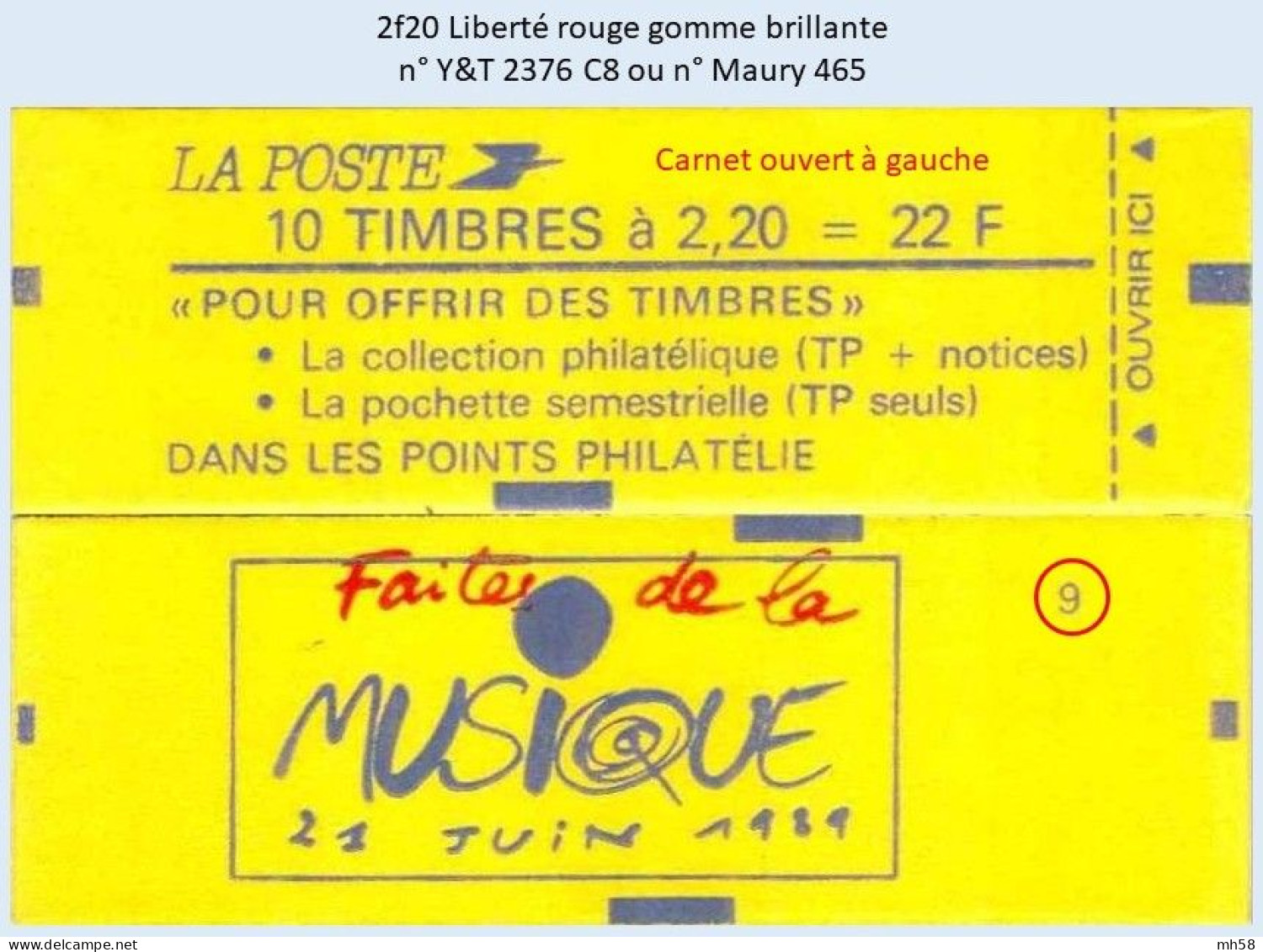 FRANCE - Carnet Conf. 9, Ouvert à Gauche - 2f20 Liberté Rouge - YT 2376 C8 / Maury 465 - Modern : 1959-…