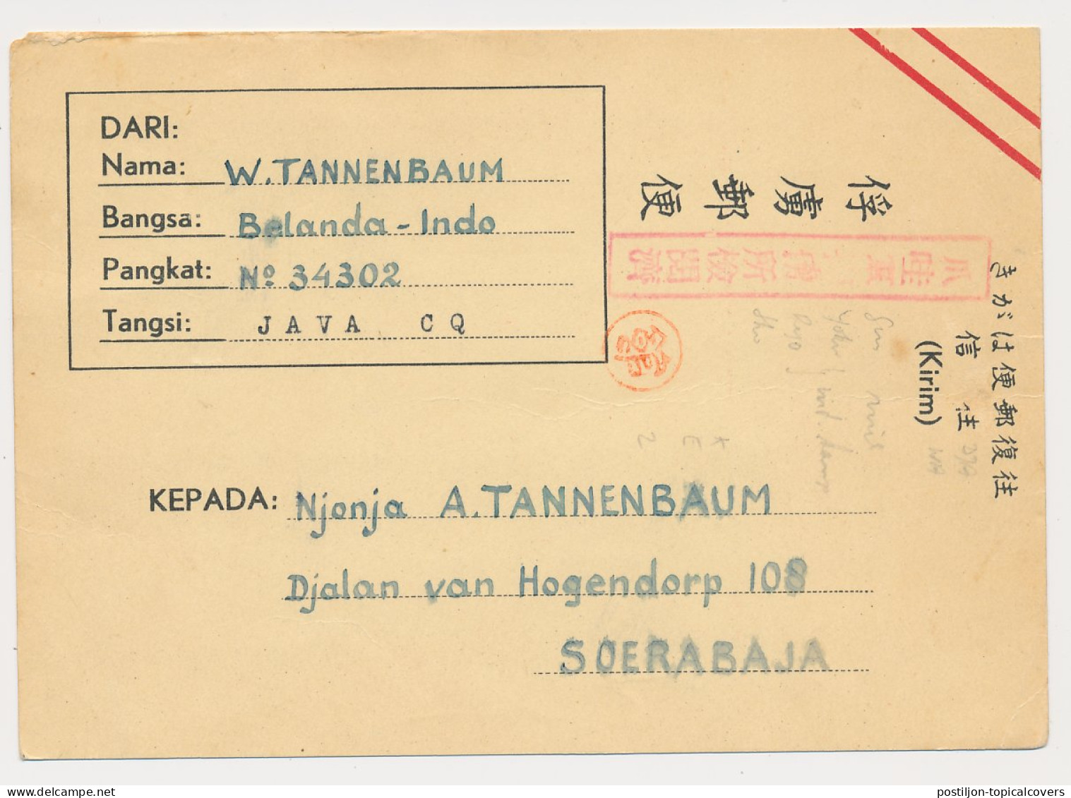 Censored POW Card Bandoeng Interment Camp Netherlands Indies1945 - Nederlands-Indië
