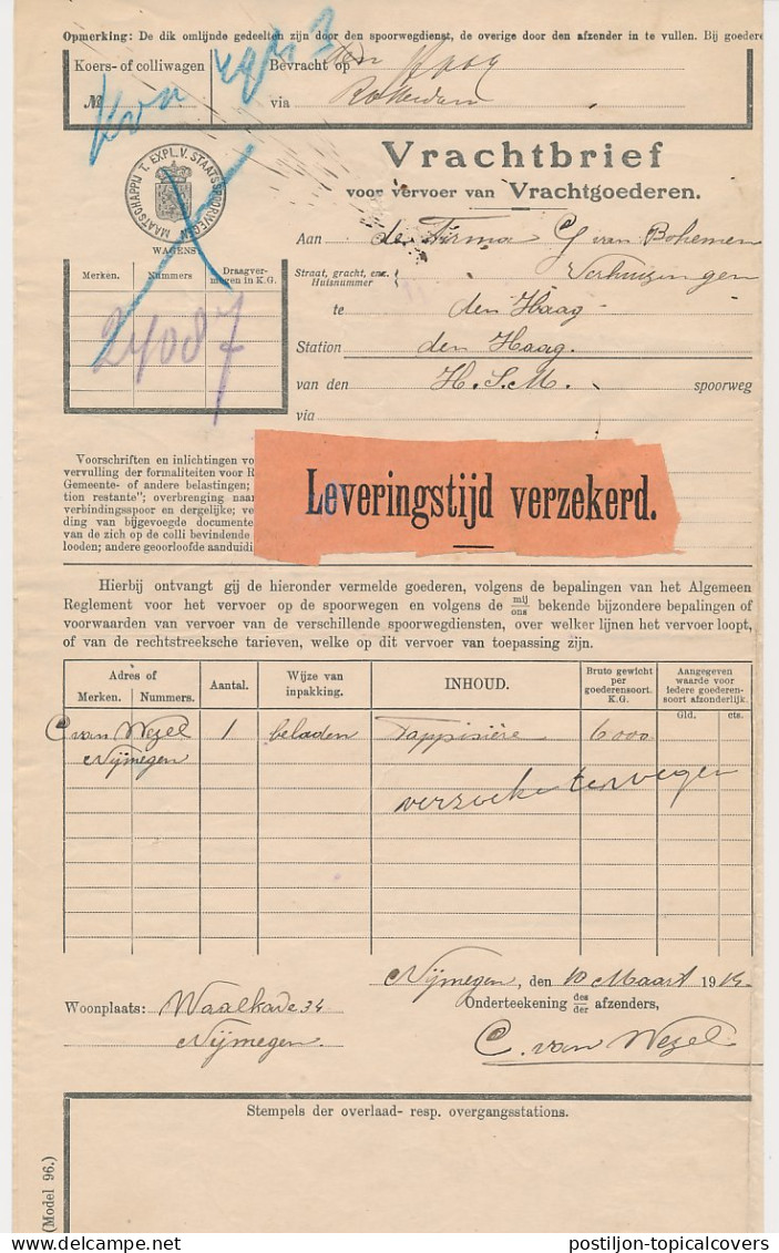 Vrachtbrief Staats Spoorwegen Nijmegen - Den Haag 1914 - Etiket - Sin Clasificación