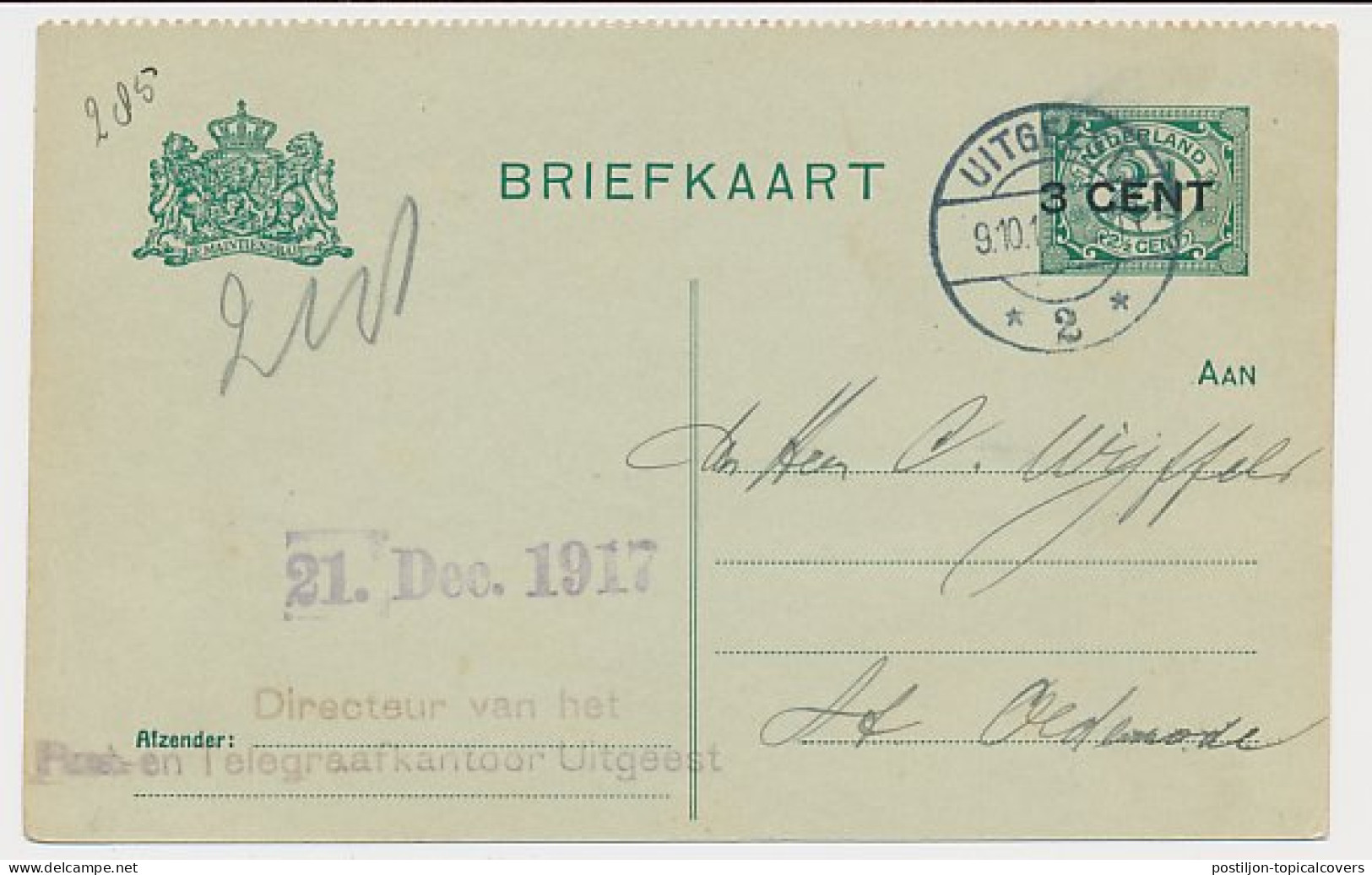 Briefkaart G. 96 B I Uitgeest - St. Oedenrode 1917 - Material Postal