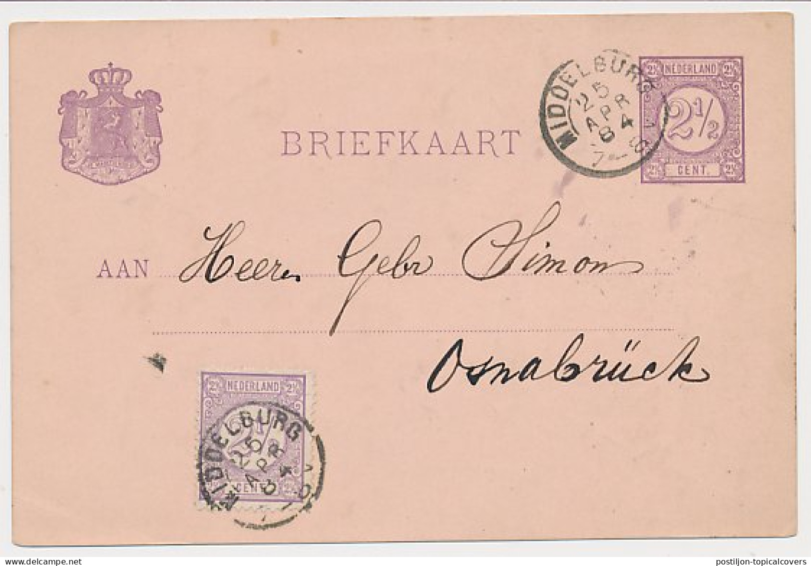 Briefkaart G. 23 / Bijfrankering Middelburg - Duitsland 1884 - Material Postal