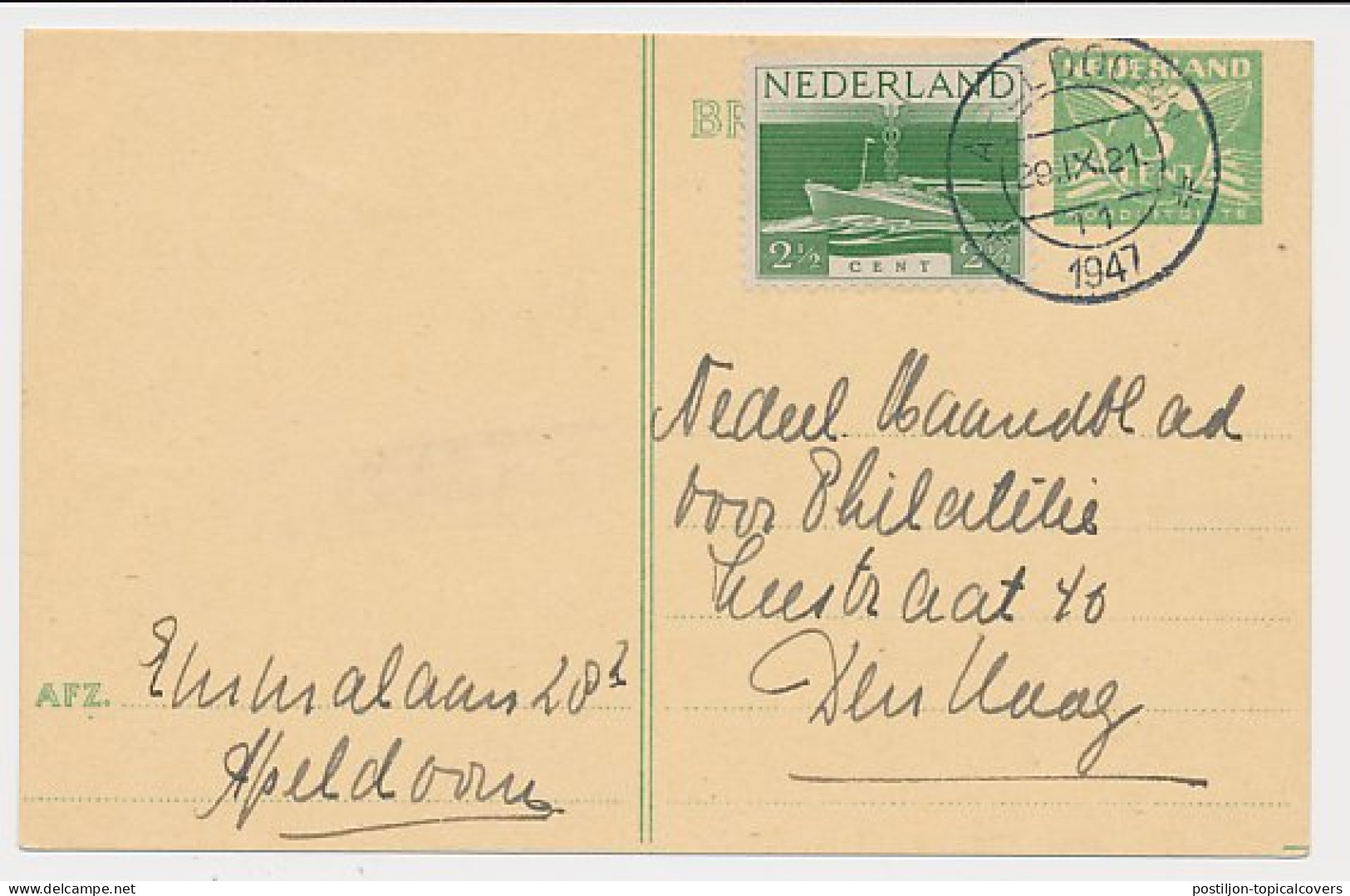 Briefkaart G. 277 A / Bijfrankering Apeldoorn - Den Haag 1947 - Material Postal