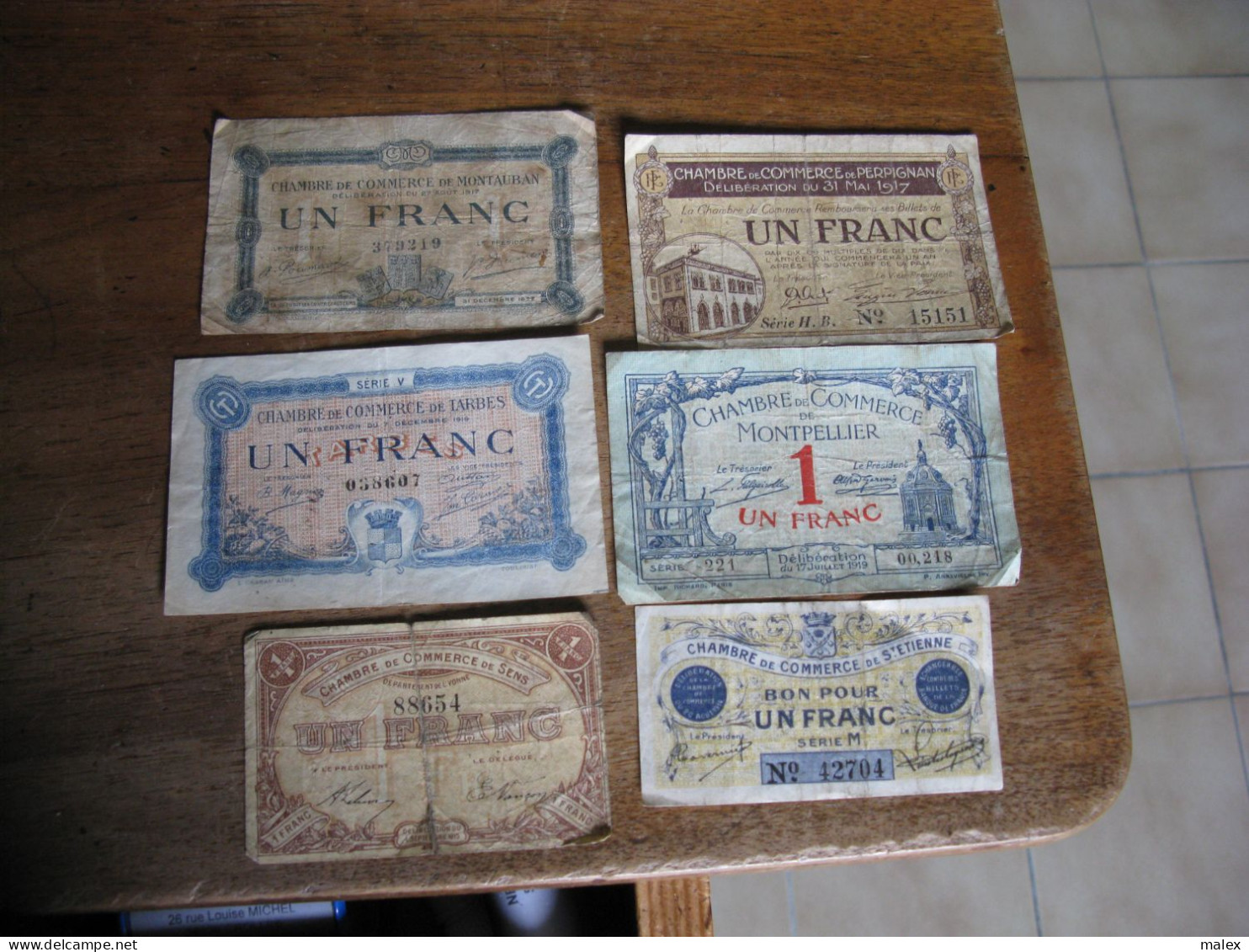 LOT De 6 Billets De Un Franc :chambres De Commerce/ SENS - ST ETIENNE- MONTPELLIER- PERPIGNAN- MONTAUBAN -TARBES - Chamber Of Commerce