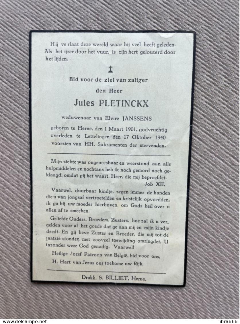 PLETINCKX Jules °HERNE 1901 +LETTELINGEN 1940 - JANSSENS - Avvisi Di Necrologio