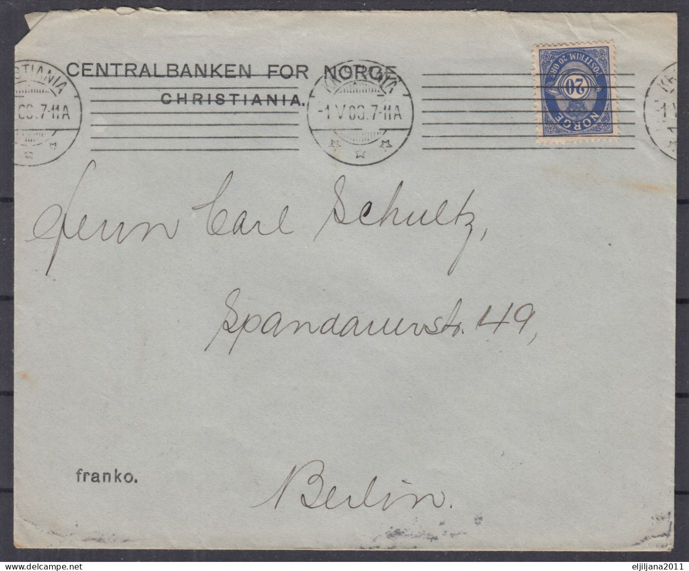 ⁕ Norway NORGE 1909 ⁕ Post Horn 20 øre Mi.82 On Cover ⁕ CENTRALBANKEN - CHRISTIANIA To Berlin - Storia Postale