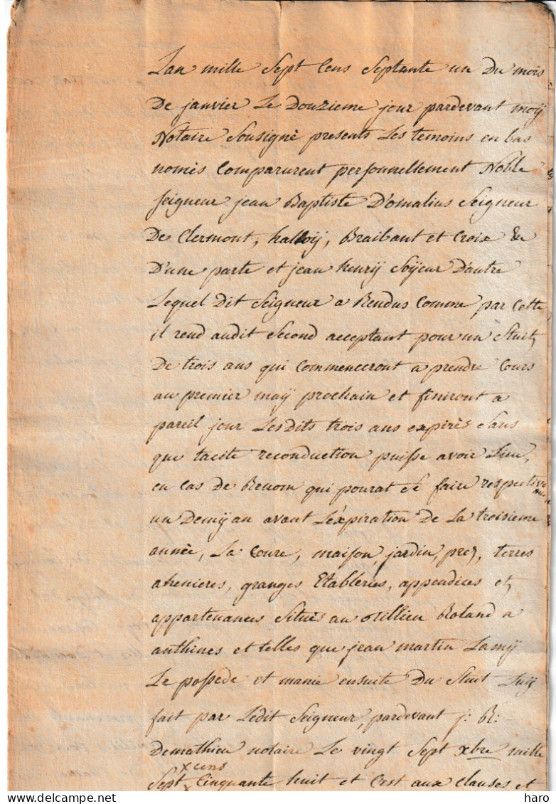 Acte De Donation De Jean Baptiste D'Omalius Seigneur De CLERMONT,  HALLOY  Et De BRABANT - Liège 1771 ( B374) - Manuskripte