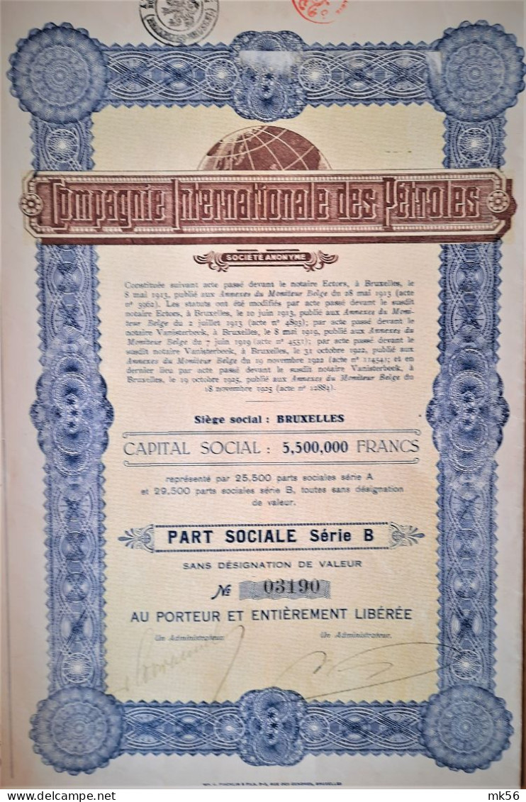 S.A. Compagnie Internationale De Pétroles - Part Sociale Série B (1925) - Aardolie