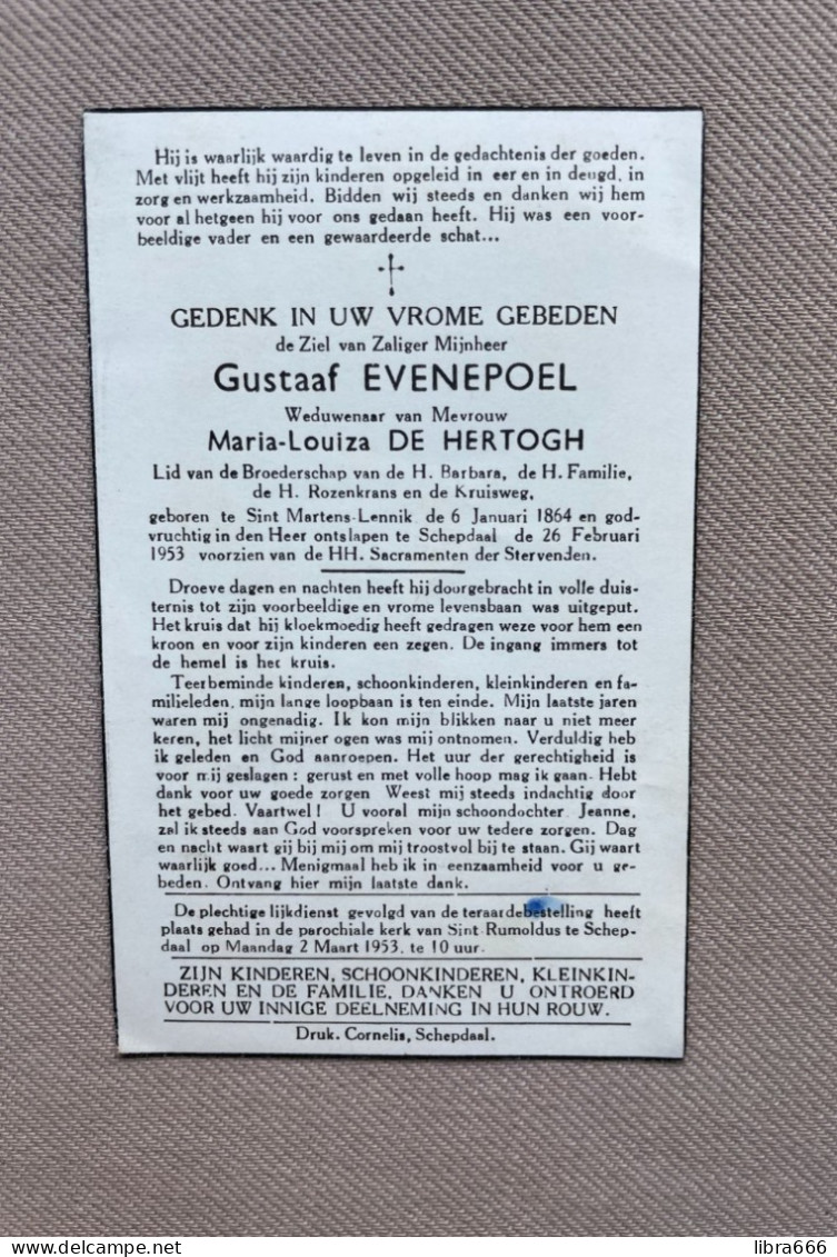 EVENEPOEL Gustaaf °SINT-MARTENS-LENNIK 1864 +SCHEPDAAL 1953 - Décès