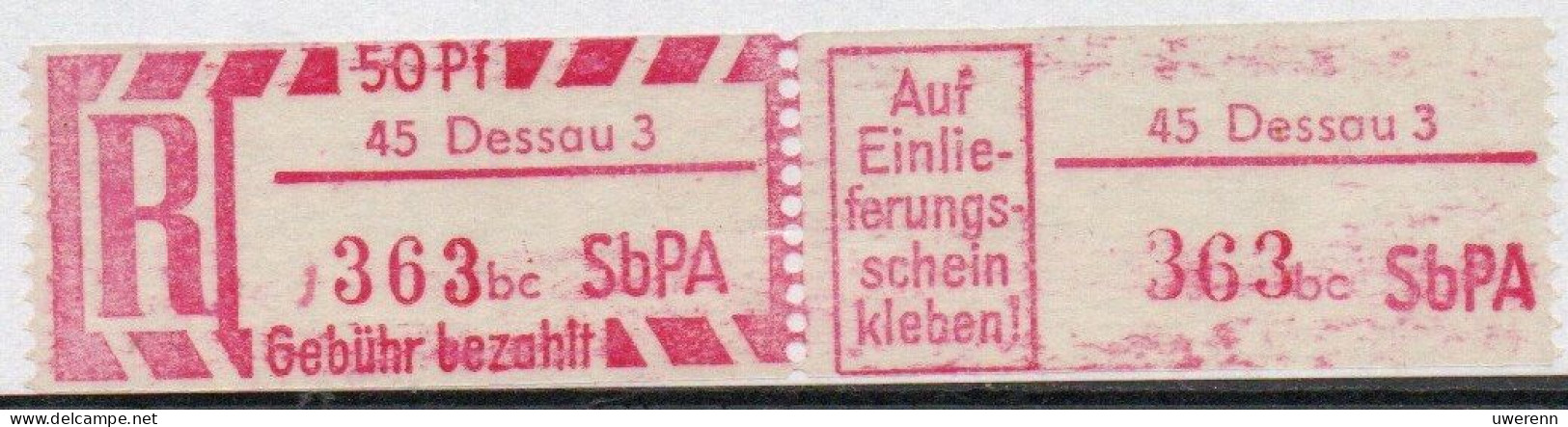 DDR Einschreibemarke Dessau SbPA Postfrisch, EM2B-45-3bcII(1) PU- RU (b) Zh - R-Zettel