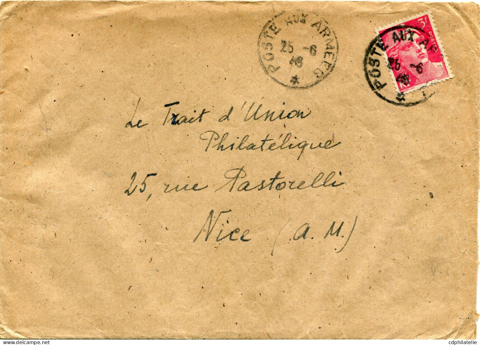 FRANCE LETTRE DEPART POSTE AUX ARMEES 25-6-46 POUR LA FRANCE - 1945-54 Maríanne De Gandon