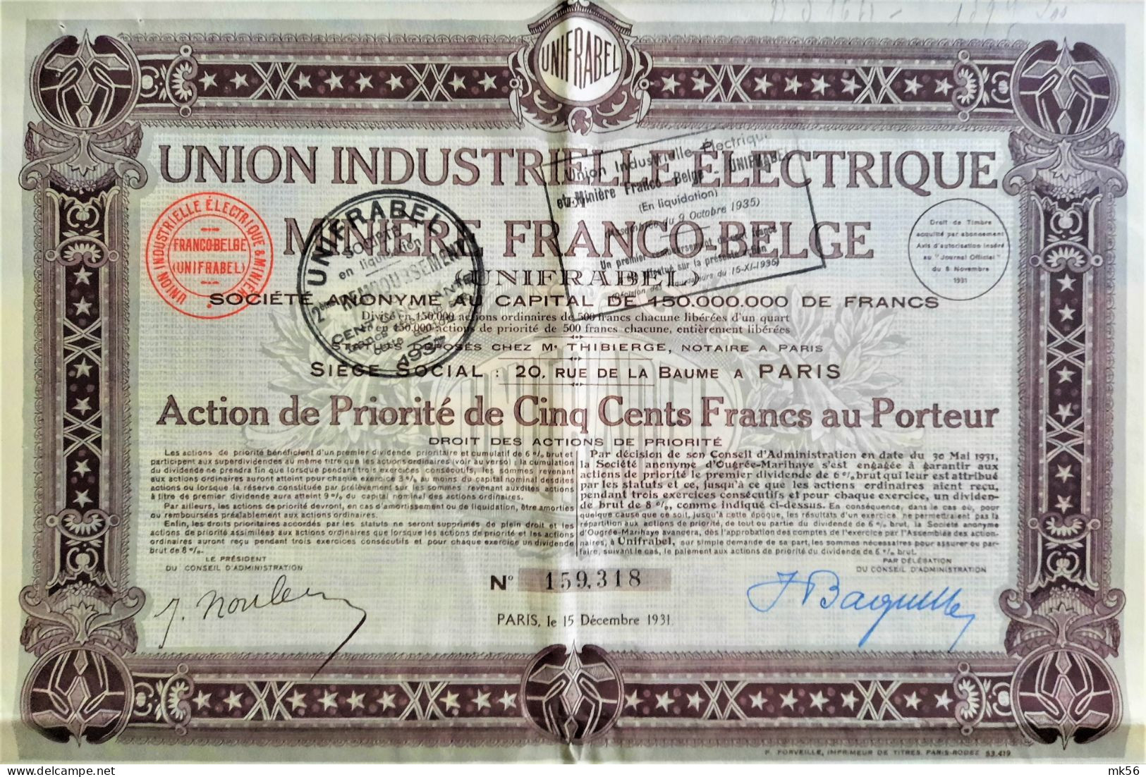 Union Industriele Electrique Et Minière Franco-Belge -1931 - Paris - Action De 500 Francs Au Porteur - Elettricità & Gas