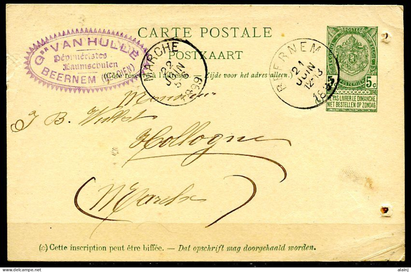 BE   CP 56  --  1899     ---   De Beernem Vers Marche (Hollogne)  --   Cachet Soc Van Hulle - Beernem - Briefkaarten 1871-1909