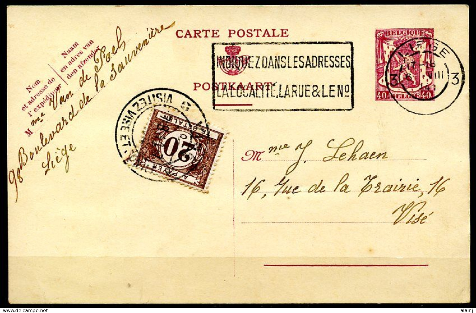 BE   CP   479  --  1941     ---   De Liège à Visé  --  Surtaxé Avec Le TX 34 - Cartoline 1934-1951