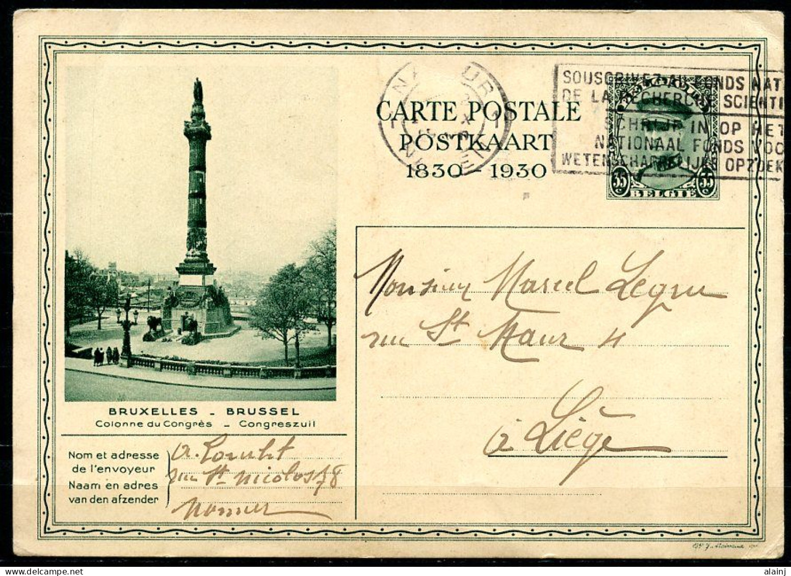 BE   Carte Postale  1930     ---  De Liège à Hamoir  -  Colonne Du Congrès   -  Albert I  35c - Cartoline 1909-1934