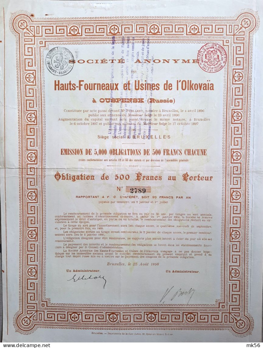 S.A. Hauts-Fourneaux Et Usines De L'Olkovaia (Ousp.)- Obligation De 500 Francs (1898) - Russia