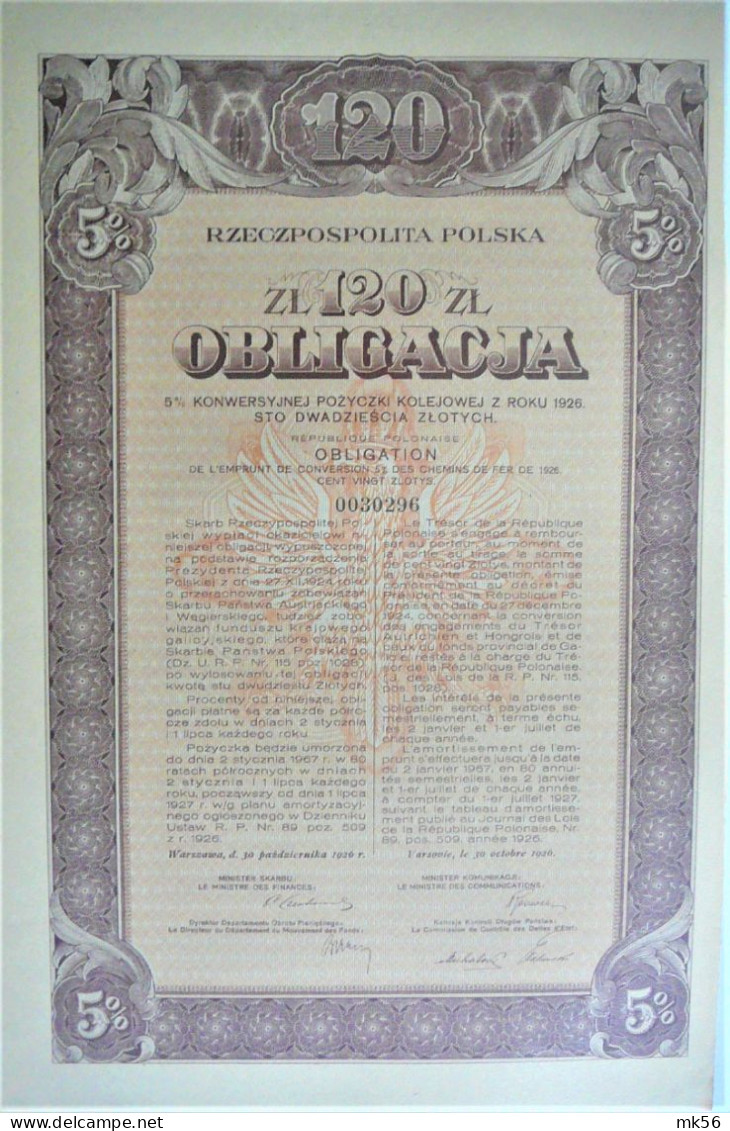 Rzeczpospolita Polska - Obligation De L'emprunt De Conversion .5% - 120zl (1926) - Altri & Non Classificati