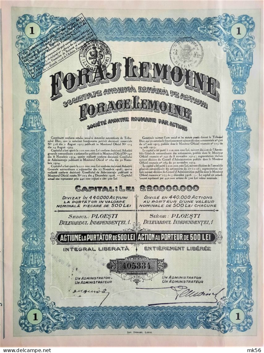 S.A. Forage Lemoine - Action Au Porteur  De 500 Lei (1924) - Ploesti - Petrolio