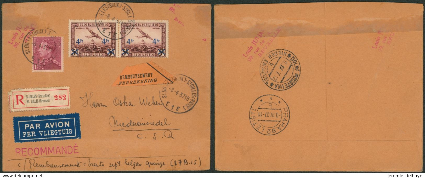 Poortman - N°429 Et PA7 X2 Sur Lettre Par Avion En Recommandé De St-Gilles > Niedereinsiedel (Tchéquie) + Remboursement - 1936-51 Poortman