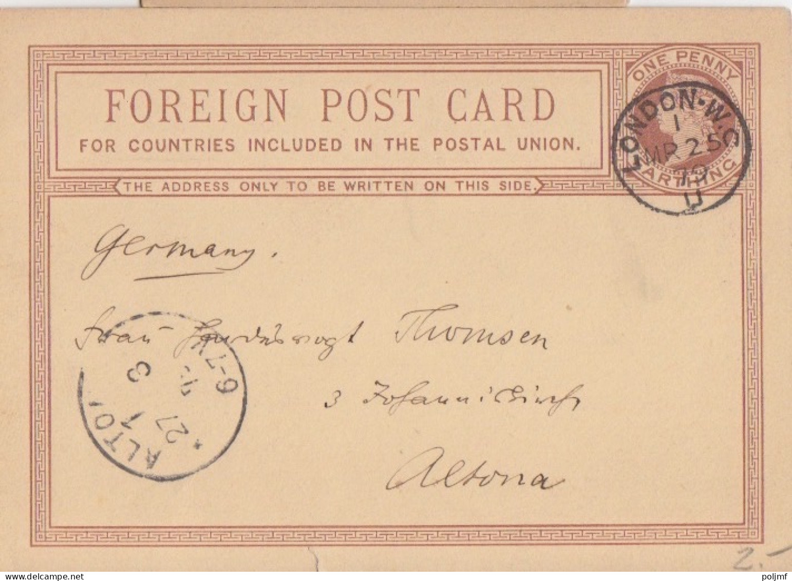 Entier Carton One Penny Brun "Victoria" Obl. London.WC U Le 25 MR 79 Pour Altona - Interi Postali