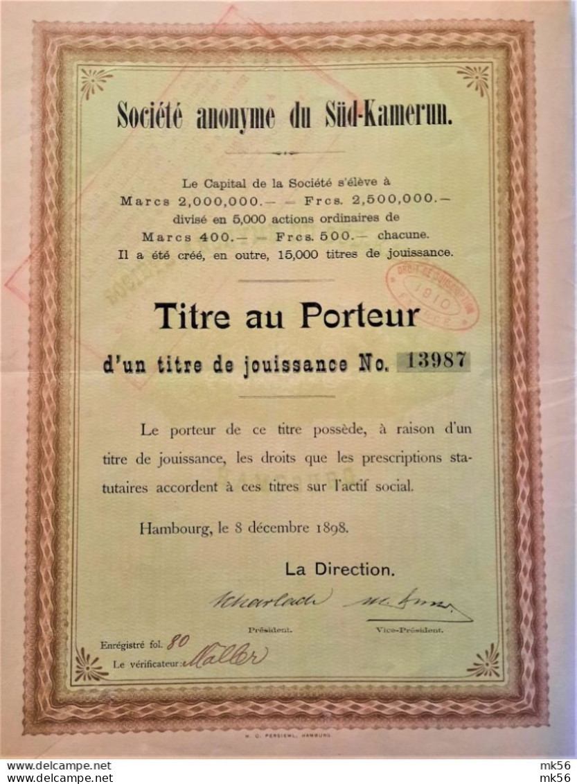 Geselschaft Süd-Kamerun - Genusschein (1898) (Hambourg)  - Deutsche Und Französische Seite ! - Sonstige & Ohne Zuordnung