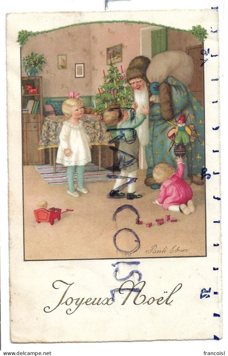 Père Noël En Bleu Apporte Des Cadeaux à Trois Enfants Par Pauli Ebner - Ebner, Pauli