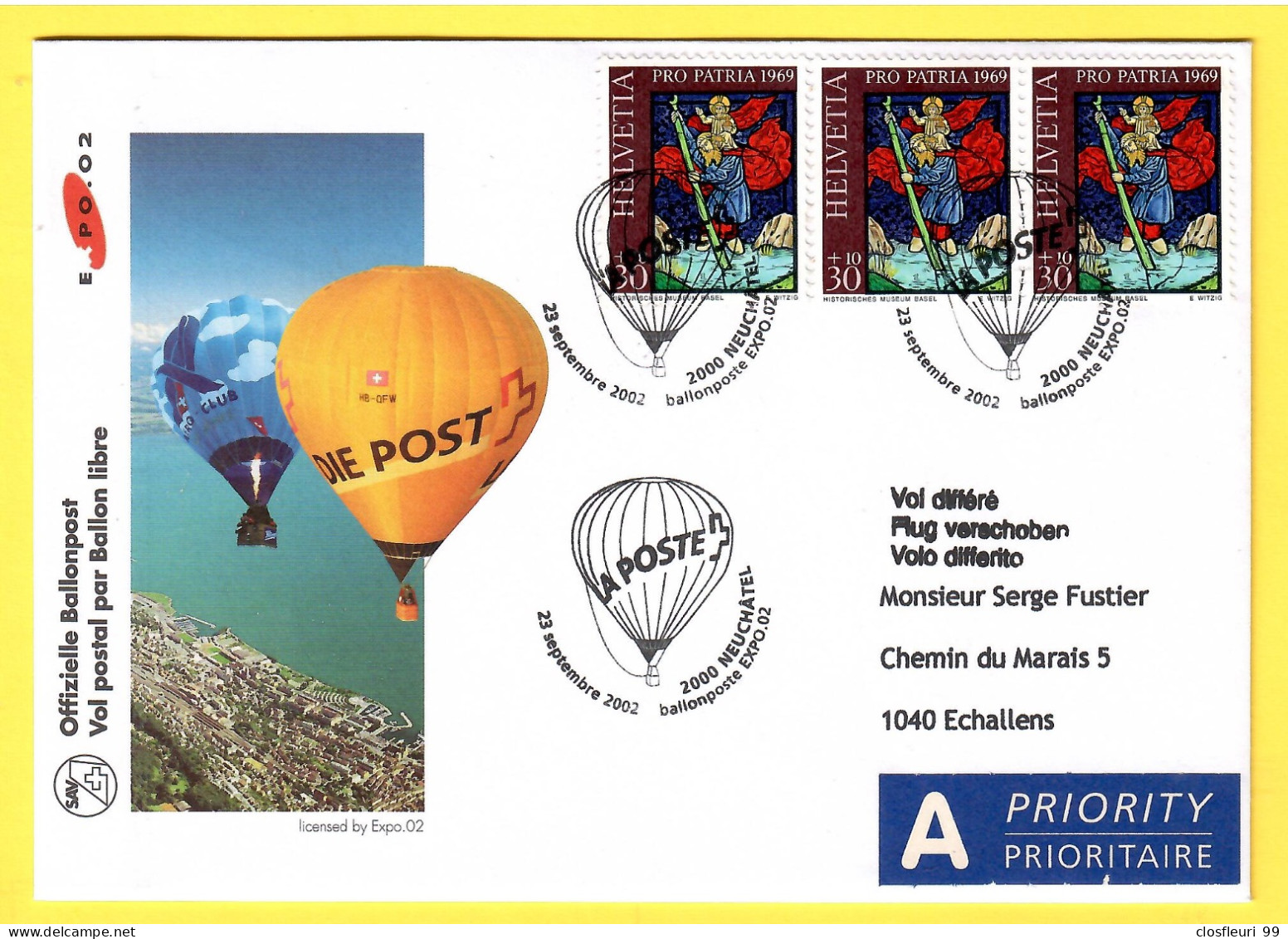 Vol Postal Par Ballon - Heissluftballon HB-QFK Bordstempel 27.9.2002 / TB - Marcofilia