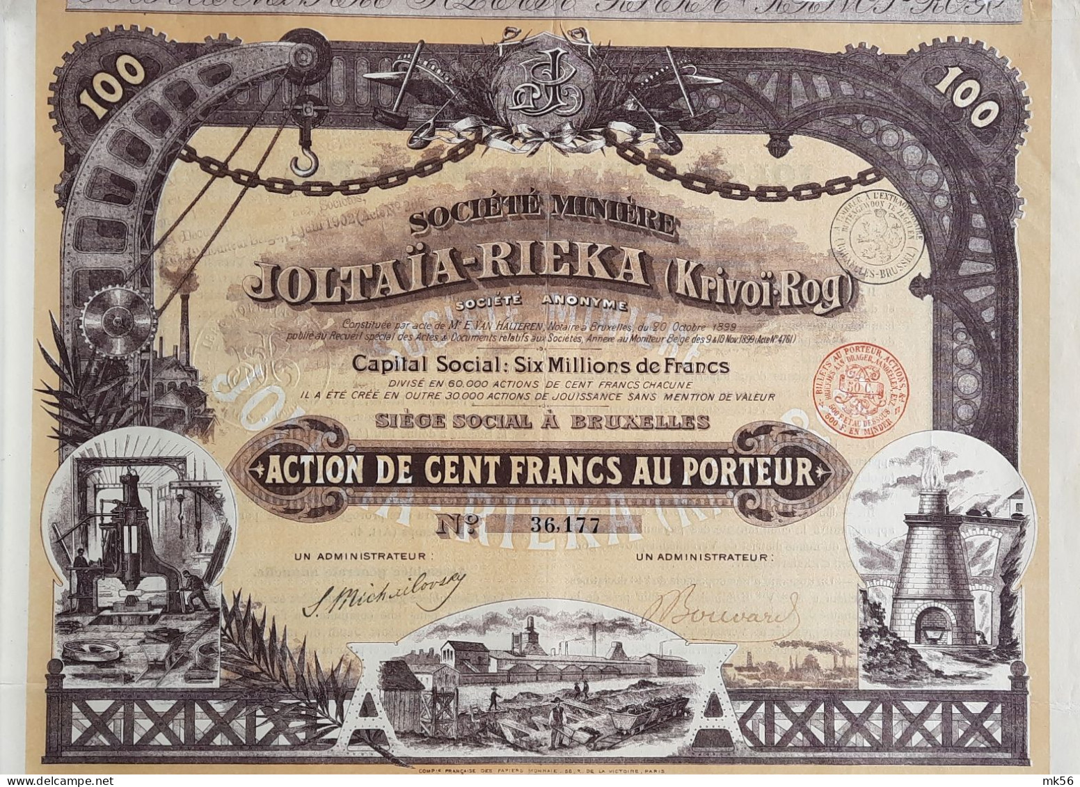 Société Minière Joltaïa-Rieka (Krivoï-Rog) - Action De 100 Fr - Bruxelles - 1899 - Trés Décoratif ! - Rusia