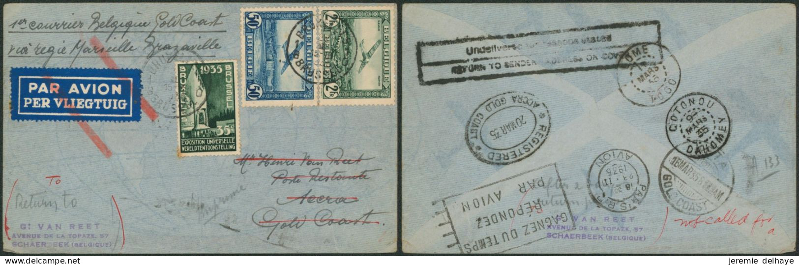 N°386 + PA1 Et PA3 Sur Lettre Par Avion (1er Courrier Belgique - Gold Coast) çàd De Bruxelles > Accra (Gold Coast, Ghana - Lettres & Documents