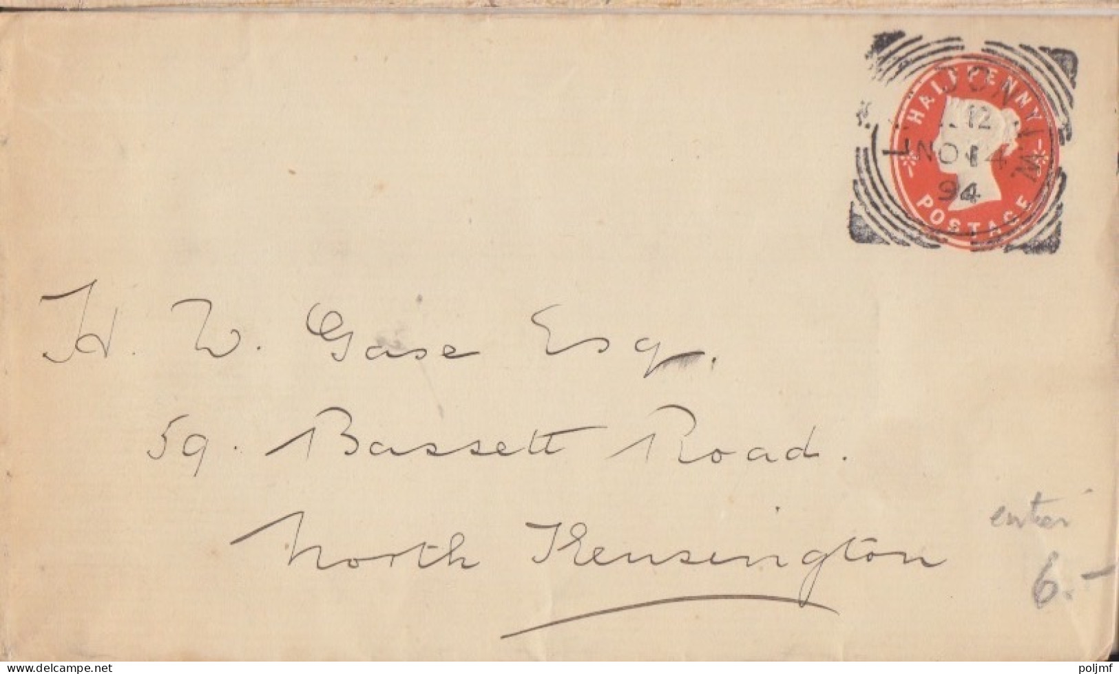 Lettre Entier Half Penny Rouge "Victoria" Obl. London.WC U Le 14 NO 94 Pour North Kensington - Stamped Stationery, Airletters & Aerogrammes