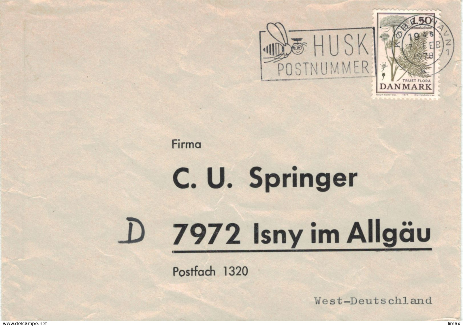 Husk Postnummer Kopenhagen 1978 Biene - Cnidium Dubium Sumpf-Brenndolde > Isny - Covers & Documents