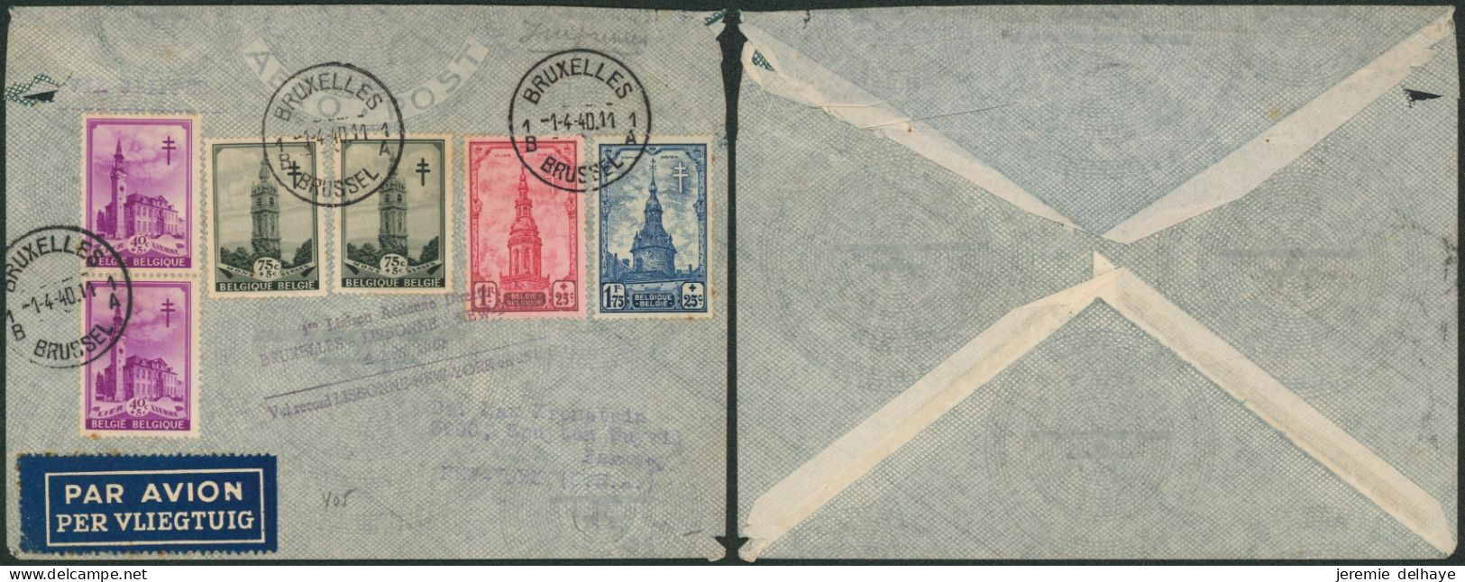 Antituberculeux - N°521 X2, 522 X2, 523/24 Sur Lettre Par Avion De Bruxelles (1940) > New-York (1er Liaison Bruxelles-Li - Storia Postale